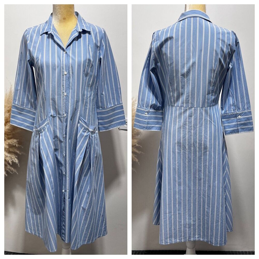 ROSSO35 Womens Blue Poplin Cotton Stripes Shirtdress Midi Size 42 Made in Italy